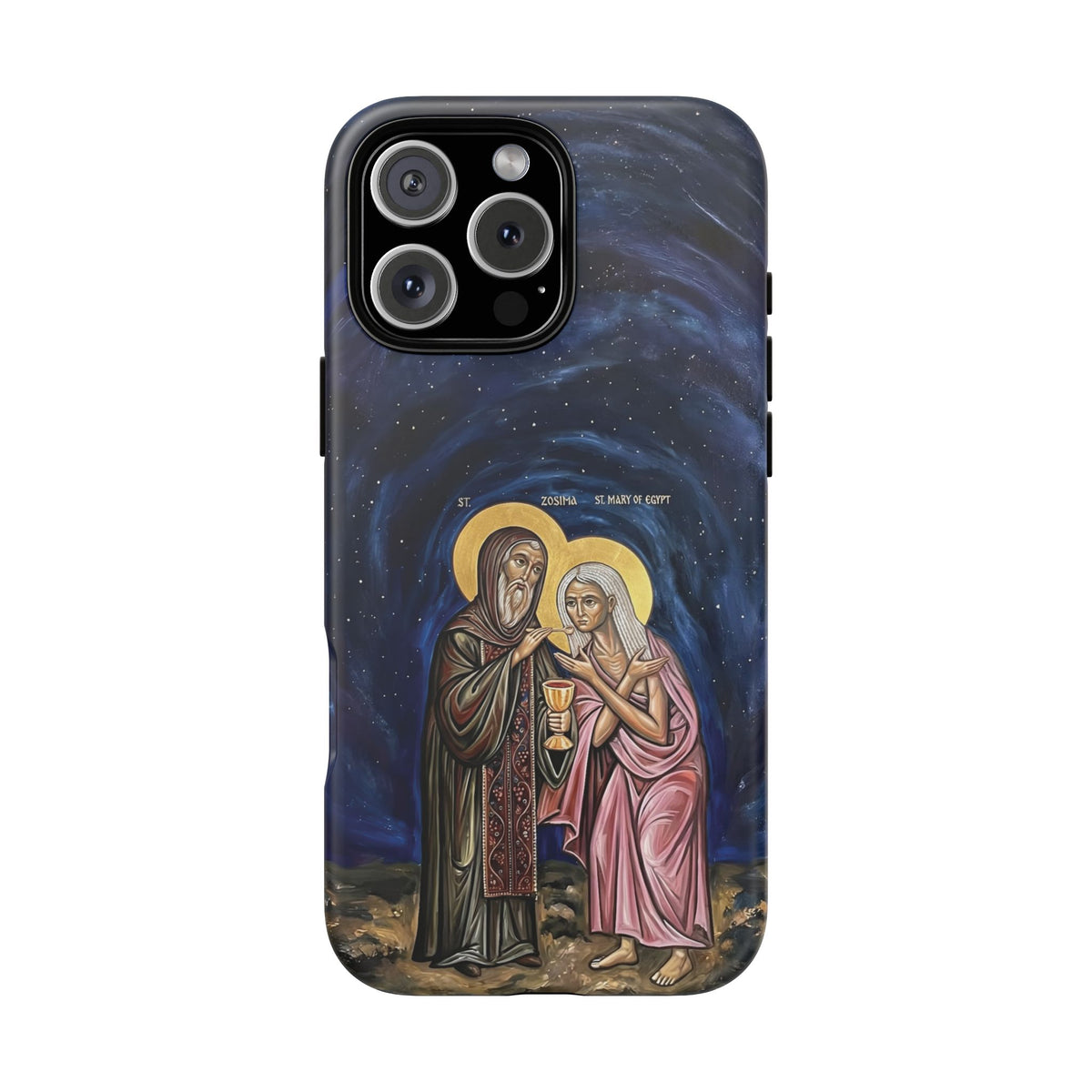 Christelijk telefoonhoesje Maria van Egypte en Sint-Zosimas donkerblauw mat