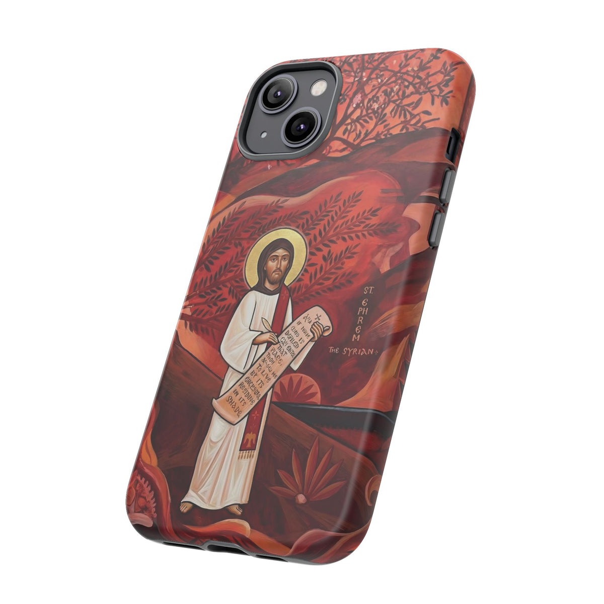Christelijk telefoonhoesje Sint-Efrem de Syriër rood mat