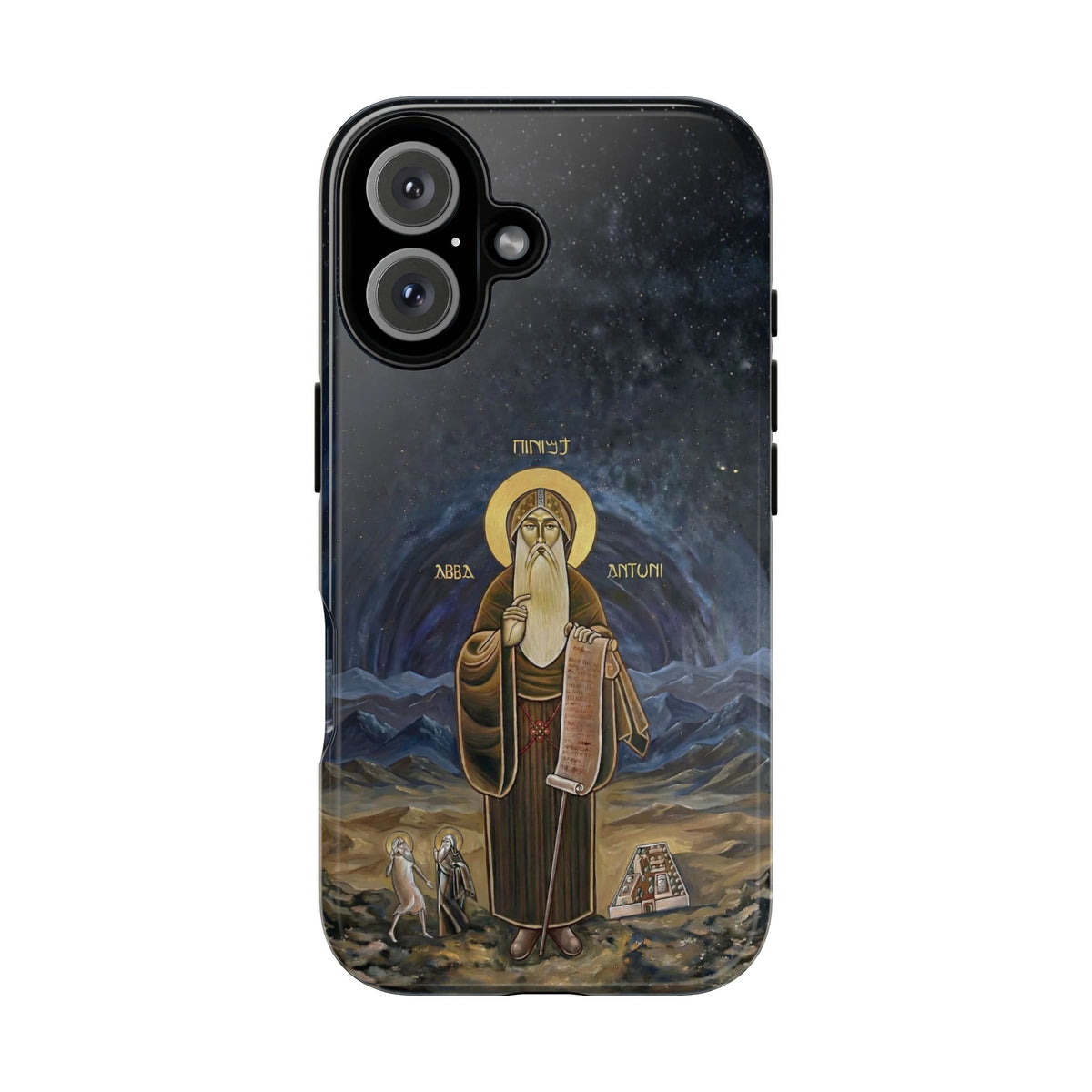 Christelijk telefoonhoesje Sint-Antonius de Grote donkerblauw mat