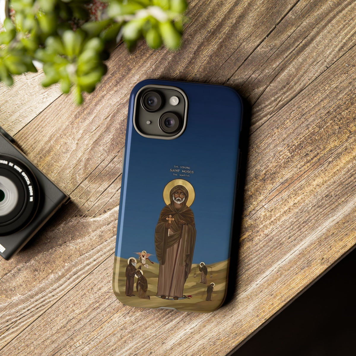 Christelijk telefoonhoesje Sint-Mozes de Sterke blauw mat