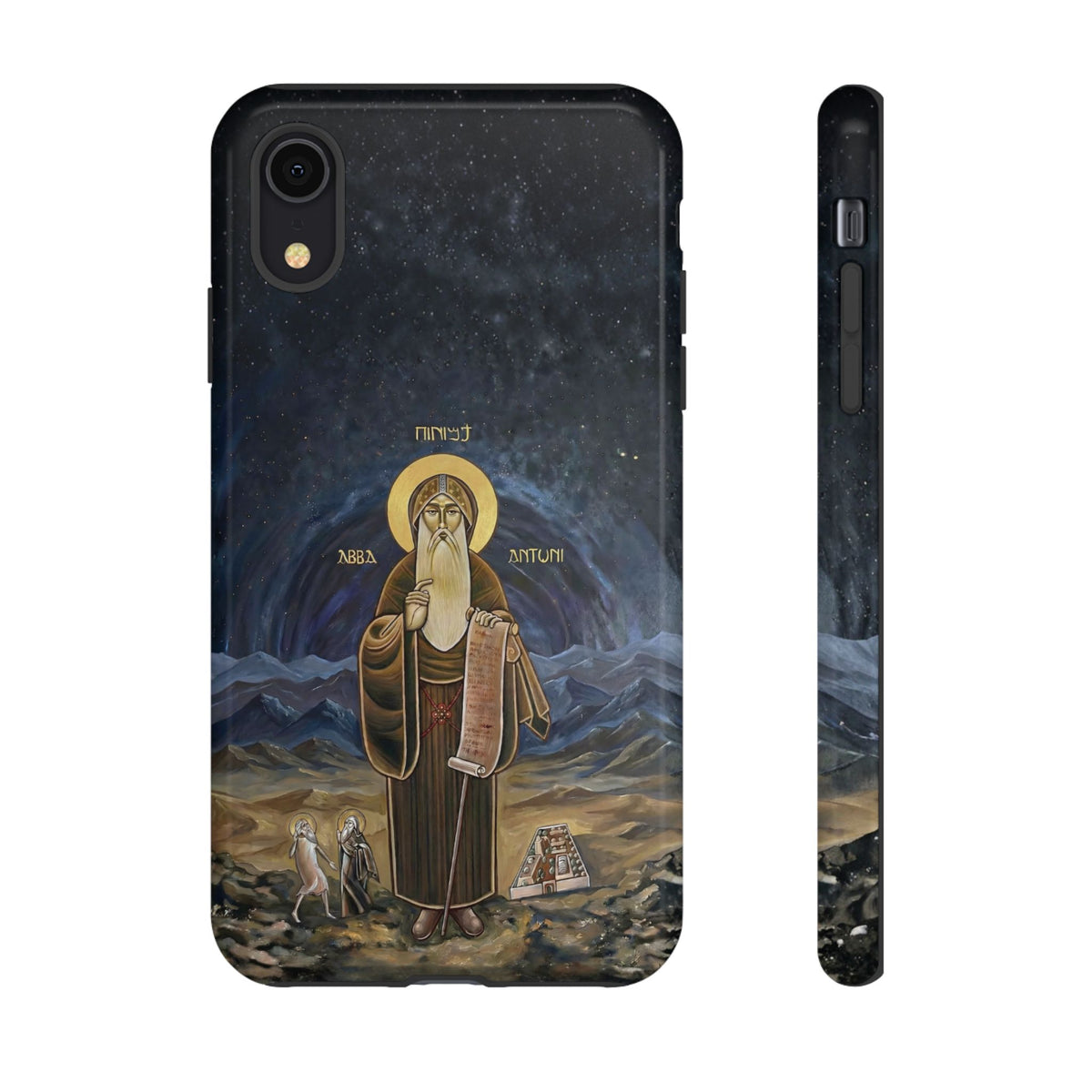 Christelijk telefoonhoesje Sint-Antonius de Grote donkerblauw mat