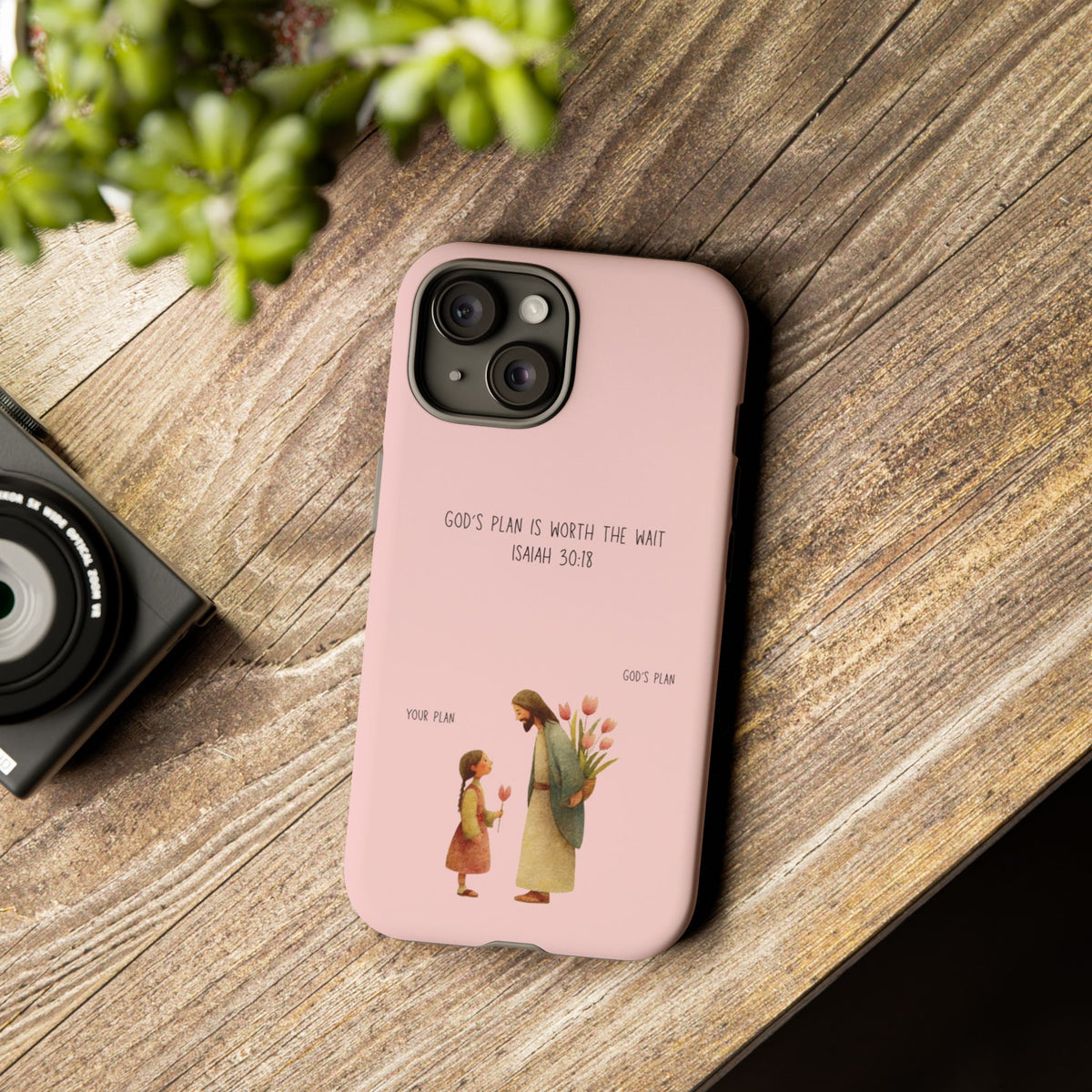 Christelijk telefoonhoesje Gods plan is beter roze mat