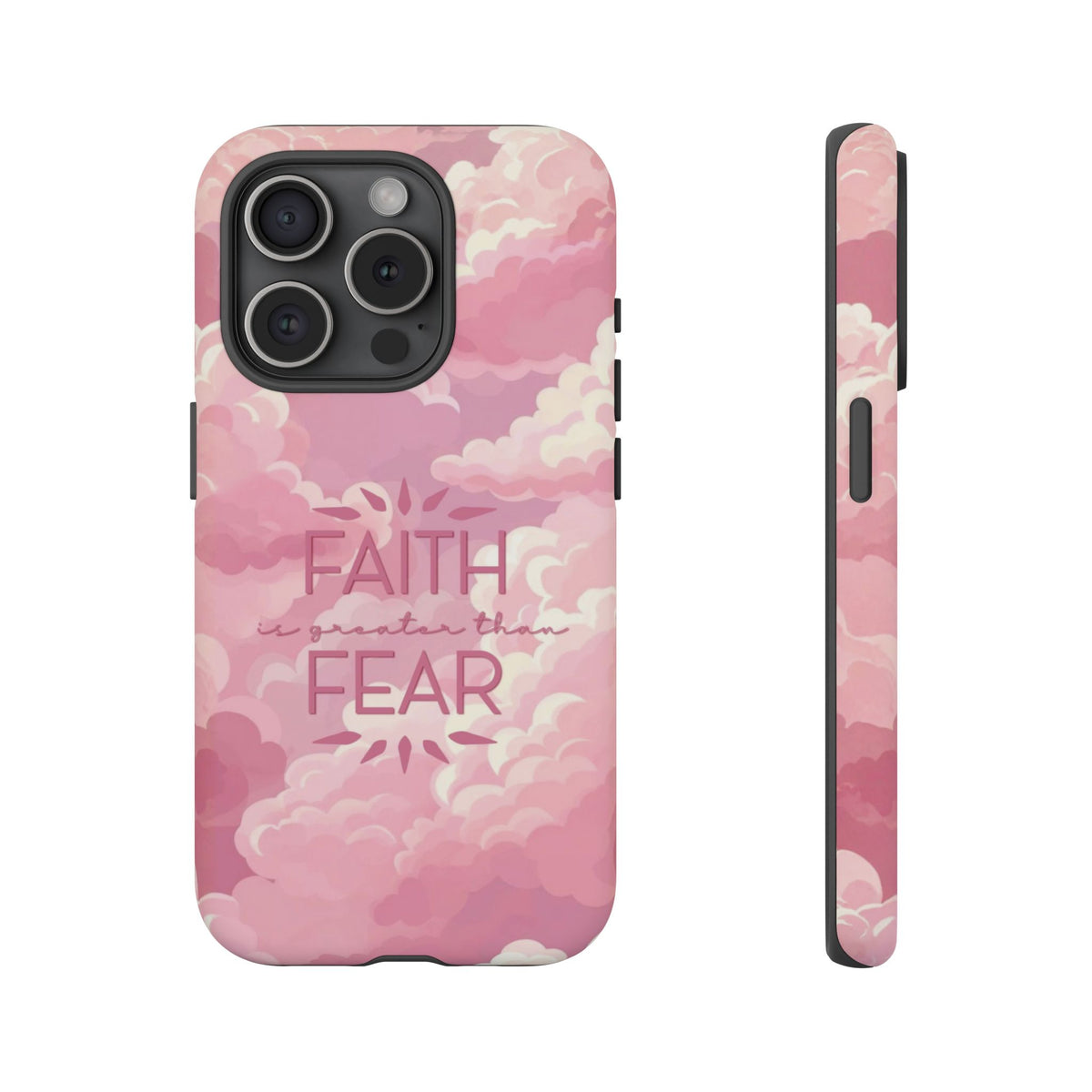 Christelijk telefoonhoesje Geloof is sterker dan angst roze mat