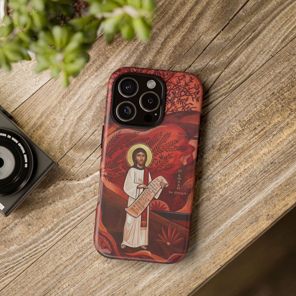 Christelijk telefoonhoesje Sint-Efrem de Syriër rood mat