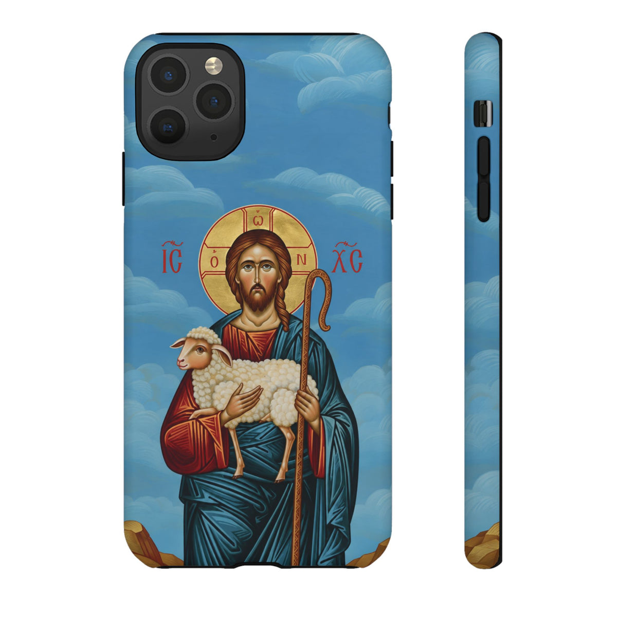 Christelijk telefoonhoesje De Goede Herder blauw mat