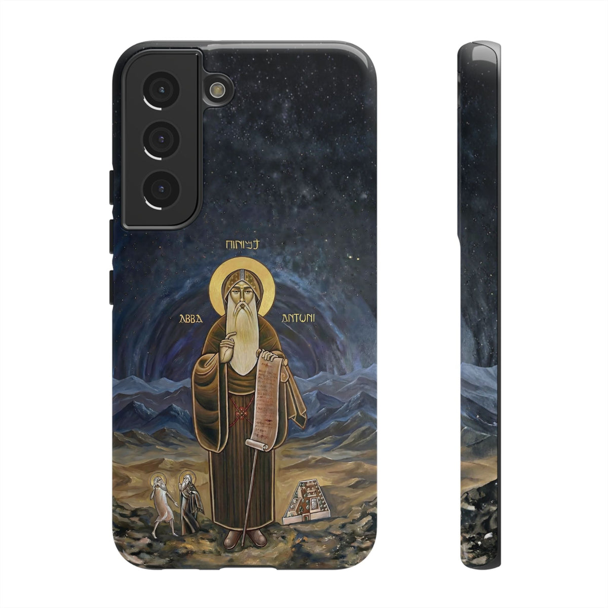 Christelijk telefoonhoesje Sint-Antonius de Grote donkerblauw mat