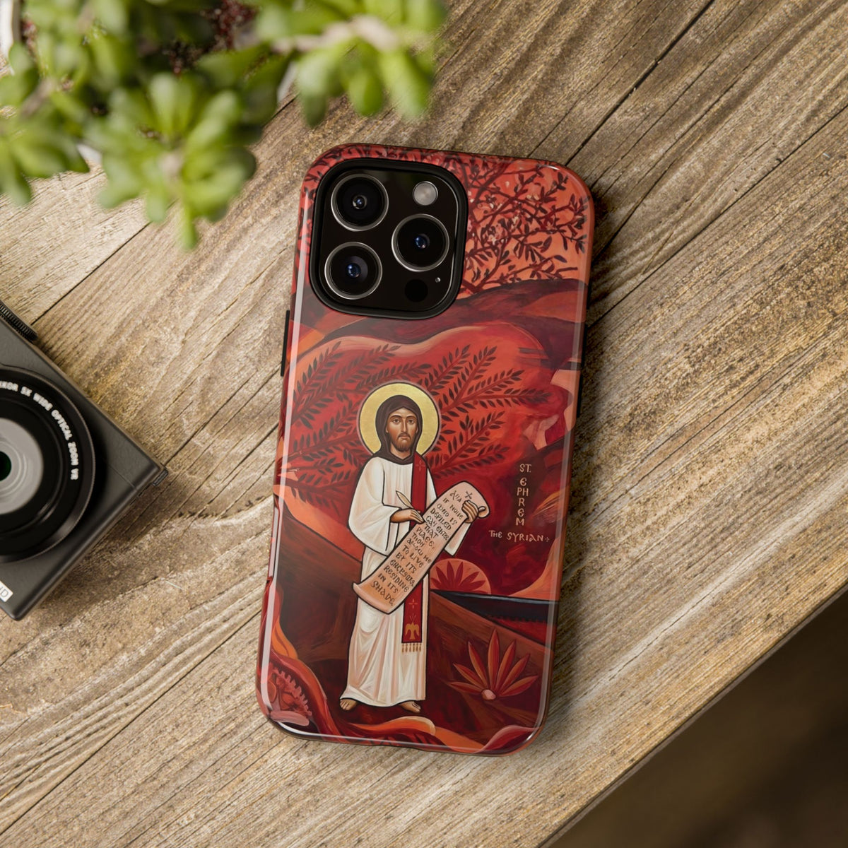 Christelijk telefoonhoesje Sint-Efrem de Syriër rood mat