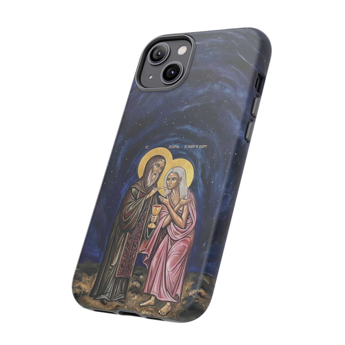 Christelijk telefoonhoesje Maria van Egypte en Sint-Zosimas donkerblauw mat