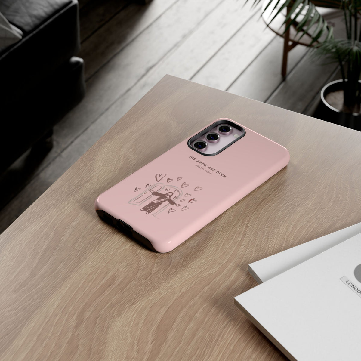 Christelijk telefoonhoesje Zijn armen staan open roze mat