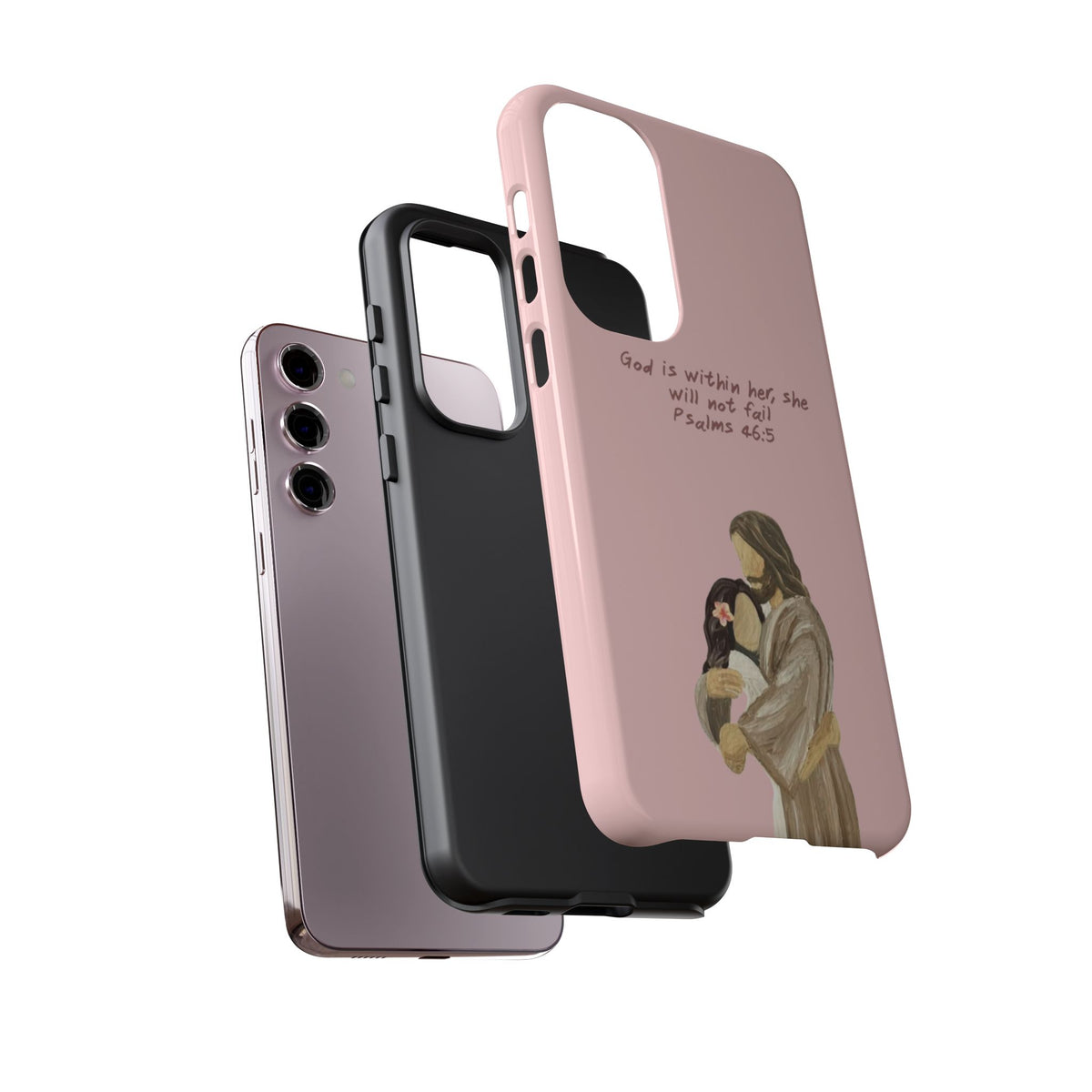 Christelijk telefoonhoesje God is in haar roze mat