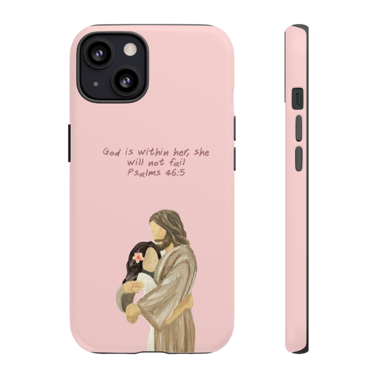 Christelijk telefoonhoesje God is in haar roze mat
