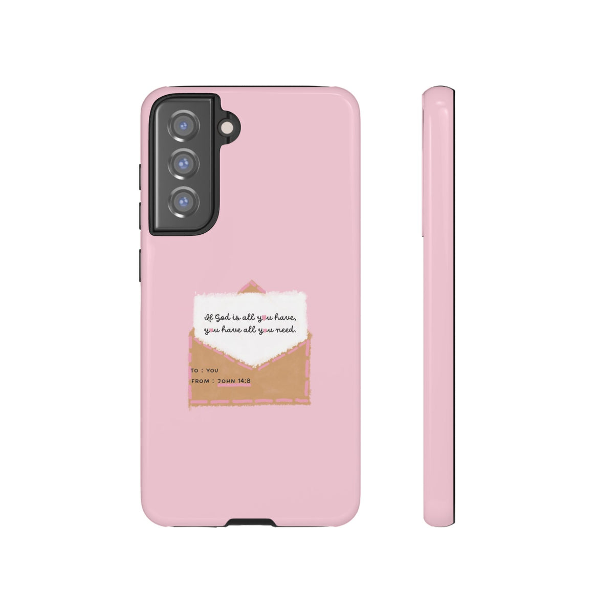 Christelijk telefoonhoesje God is alles wat je nodig hebt roze mat