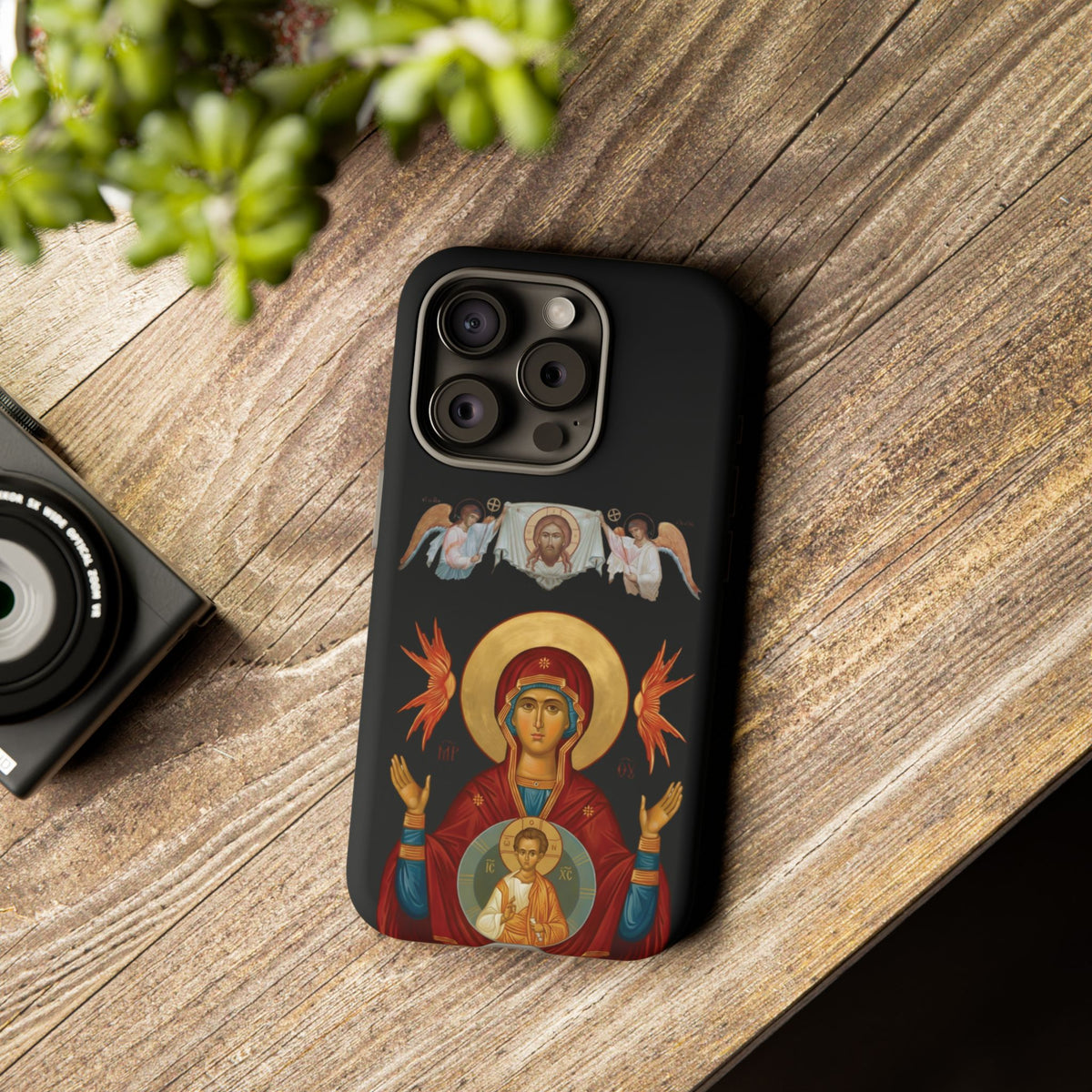 Christelijk telefoonhoesje De Heilige Maagd Maria zwart mat