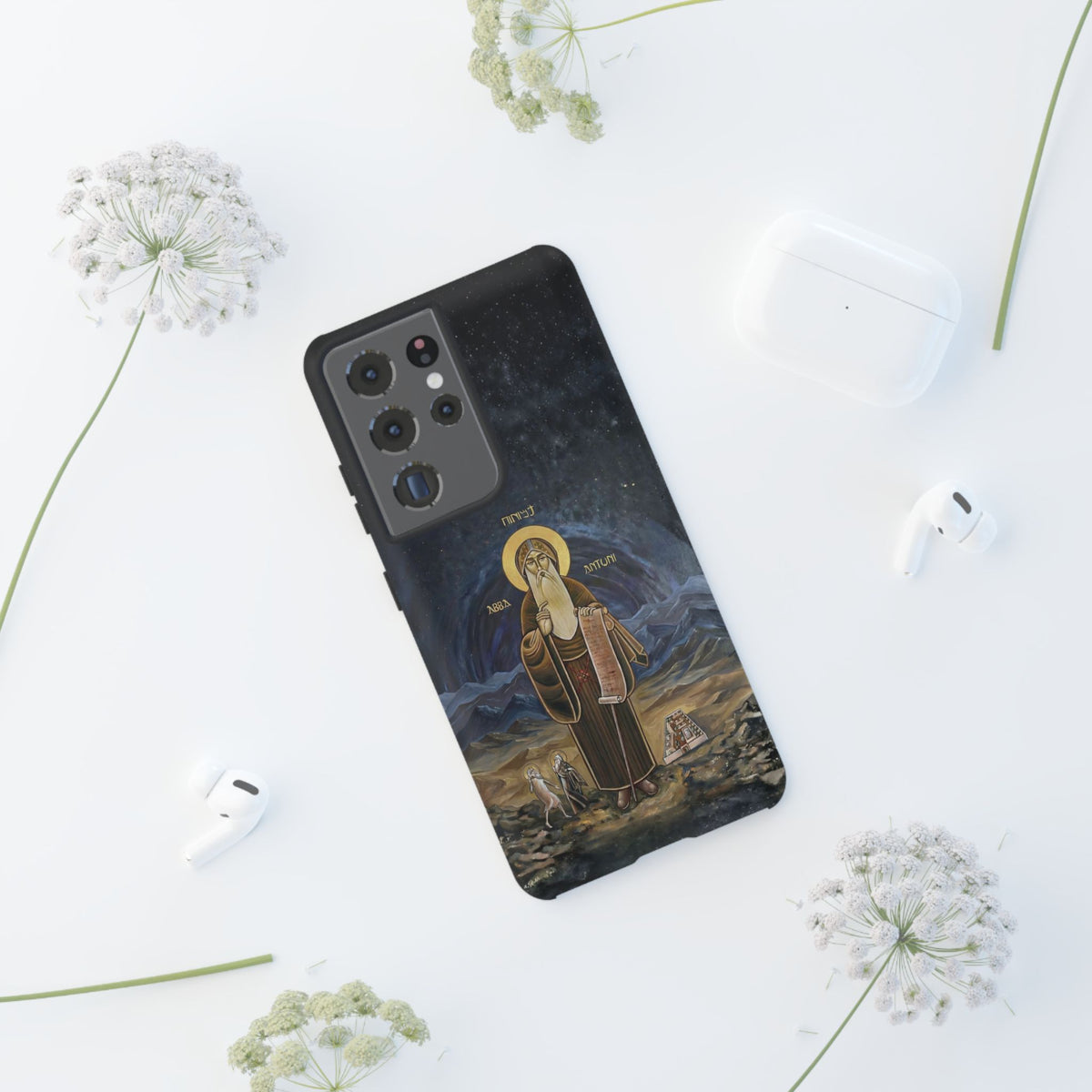 Christelijk telefoonhoesje Sint-Antonius de Grote donkerblauw mat