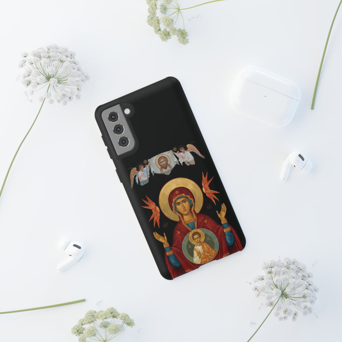 Christelijk telefoonhoesje De Heilige Maagd Maria zwart mat