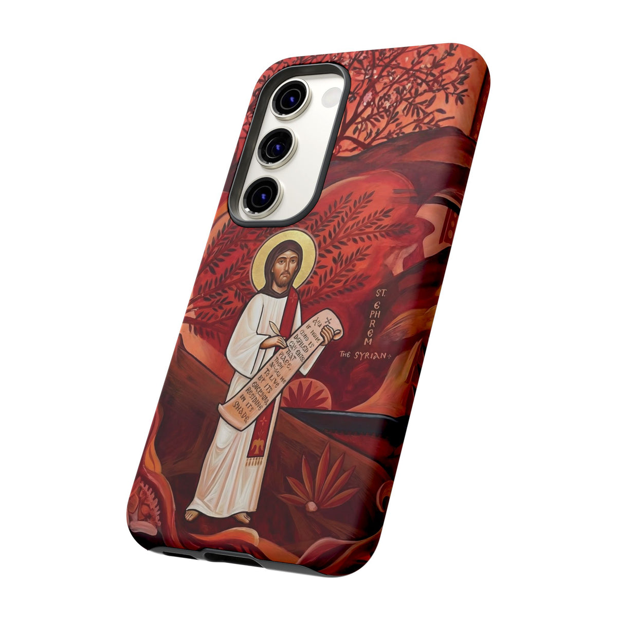 Christelijk telefoonhoesje Sint-Efrem de Syriër rood mat
