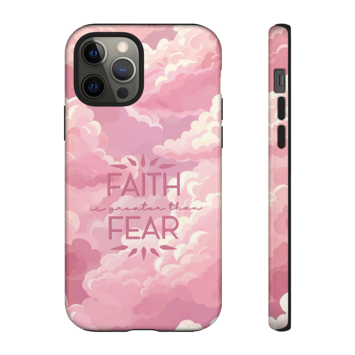 Christelijk telefoonhoesje Geloof is sterker dan angst roze mat