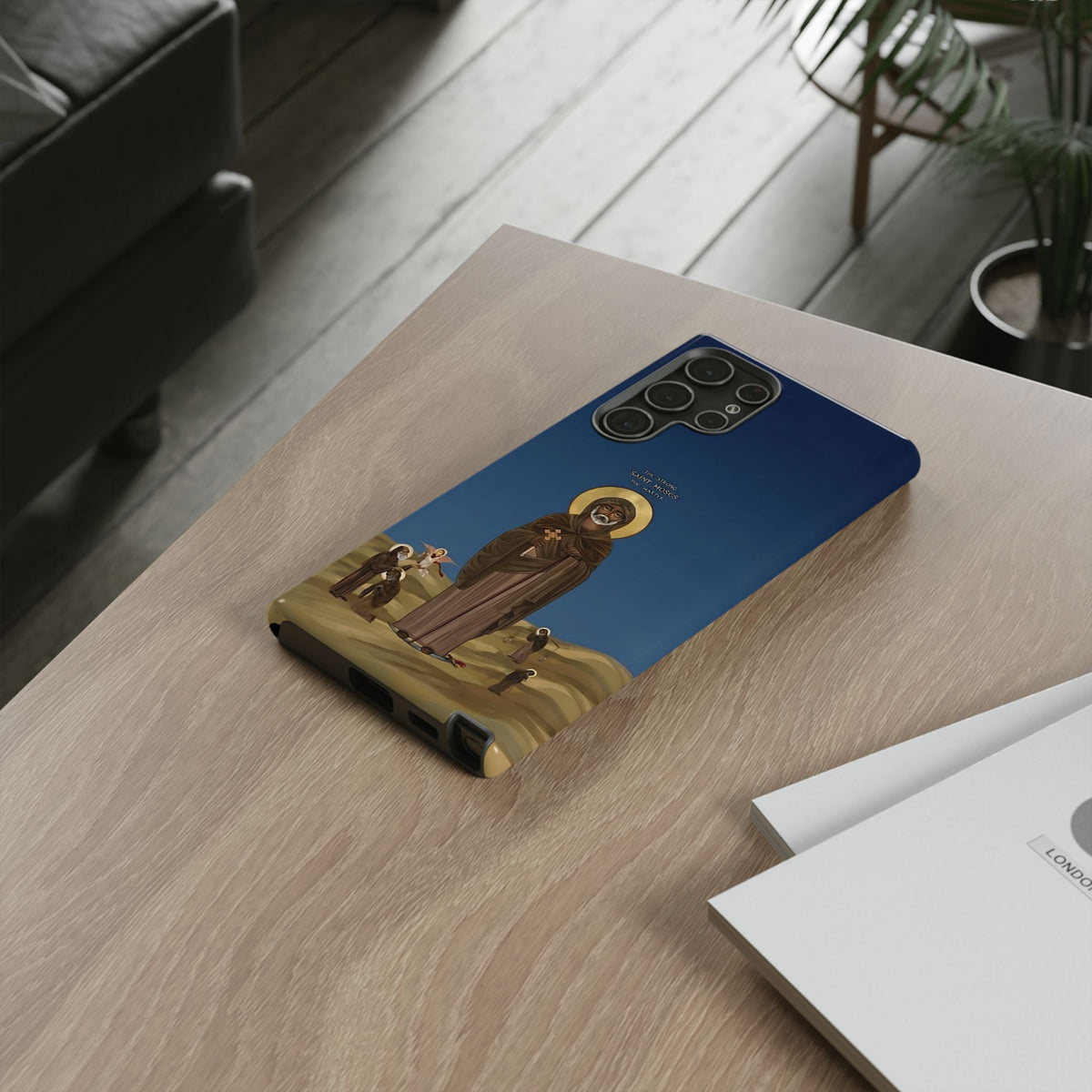 Christelijk telefoonhoesje Sint-Mozes de Sterke blauw mat