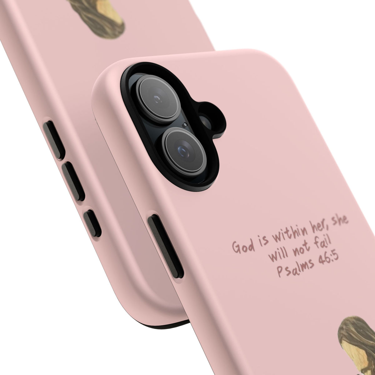 Christelijk telefoonhoesje God is in haar roze mat