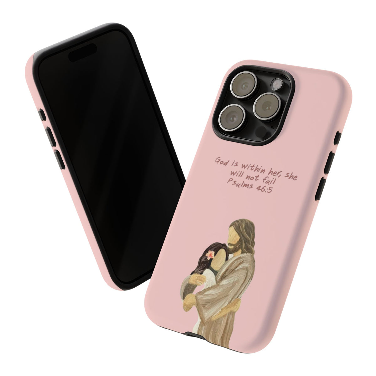 Christelijk telefoonhoesje God is in haar roze mat