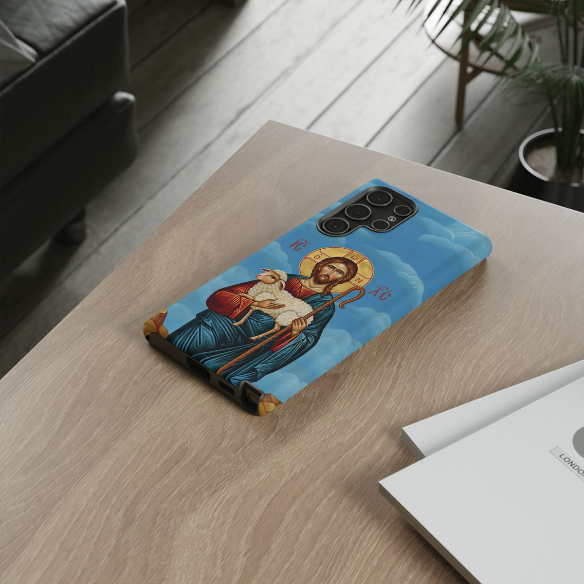 Christelijk telefoonhoesje De Goede Herder blauw mat