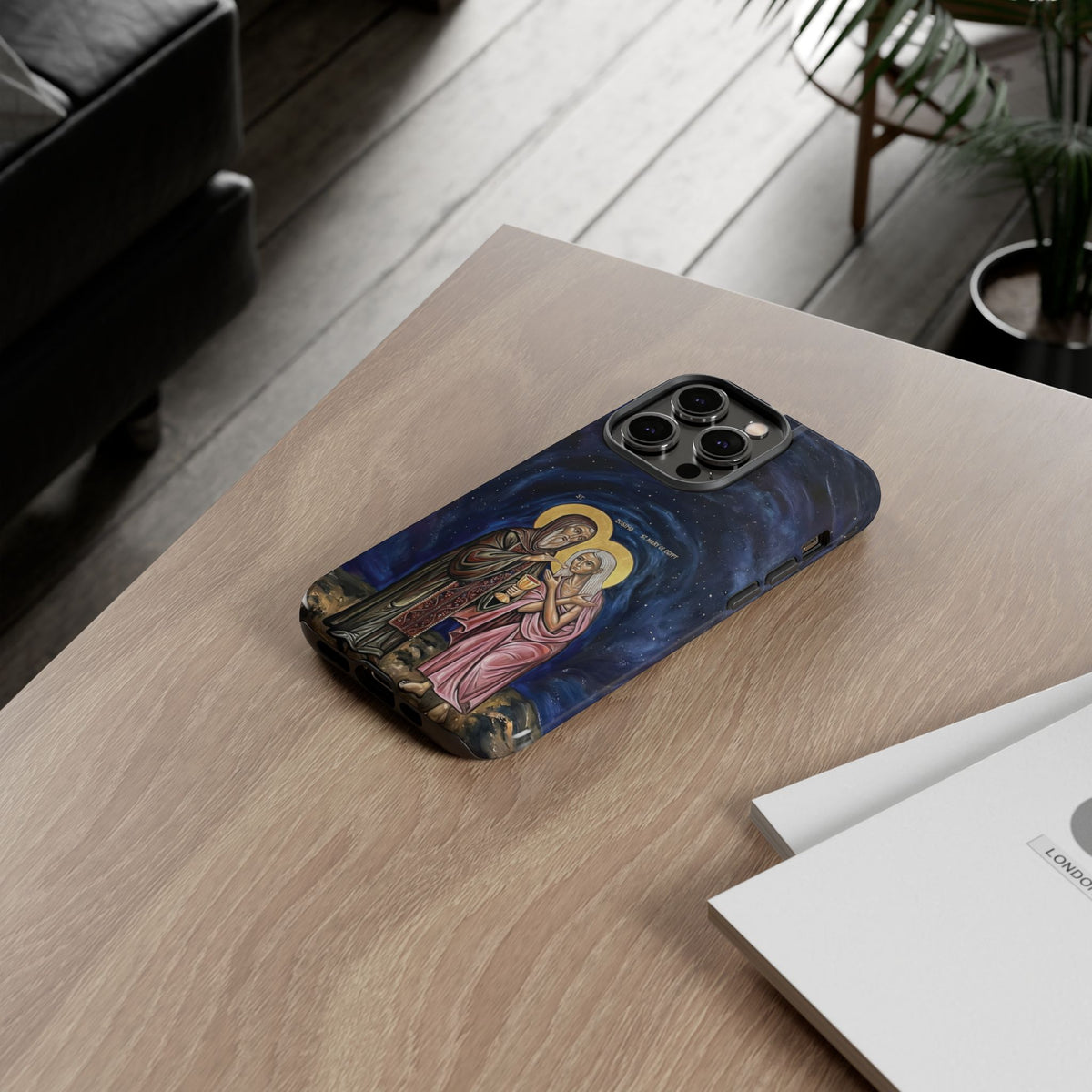 Christelijk telefoonhoesje Maria van Egypte en Sint-Zosimas donkerblauw mat