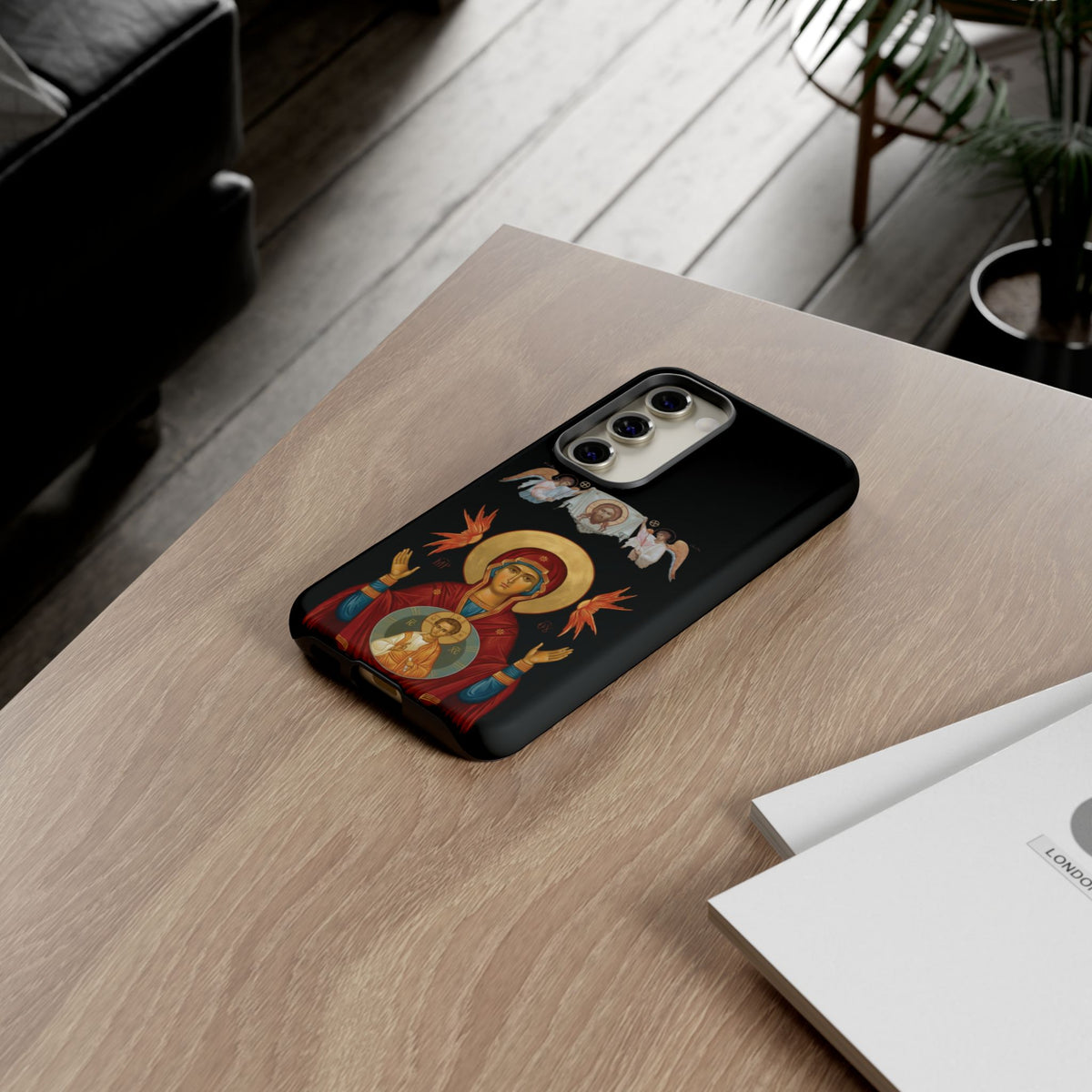 Christelijk telefoonhoesje De Heilige Maagd Maria zwart mat