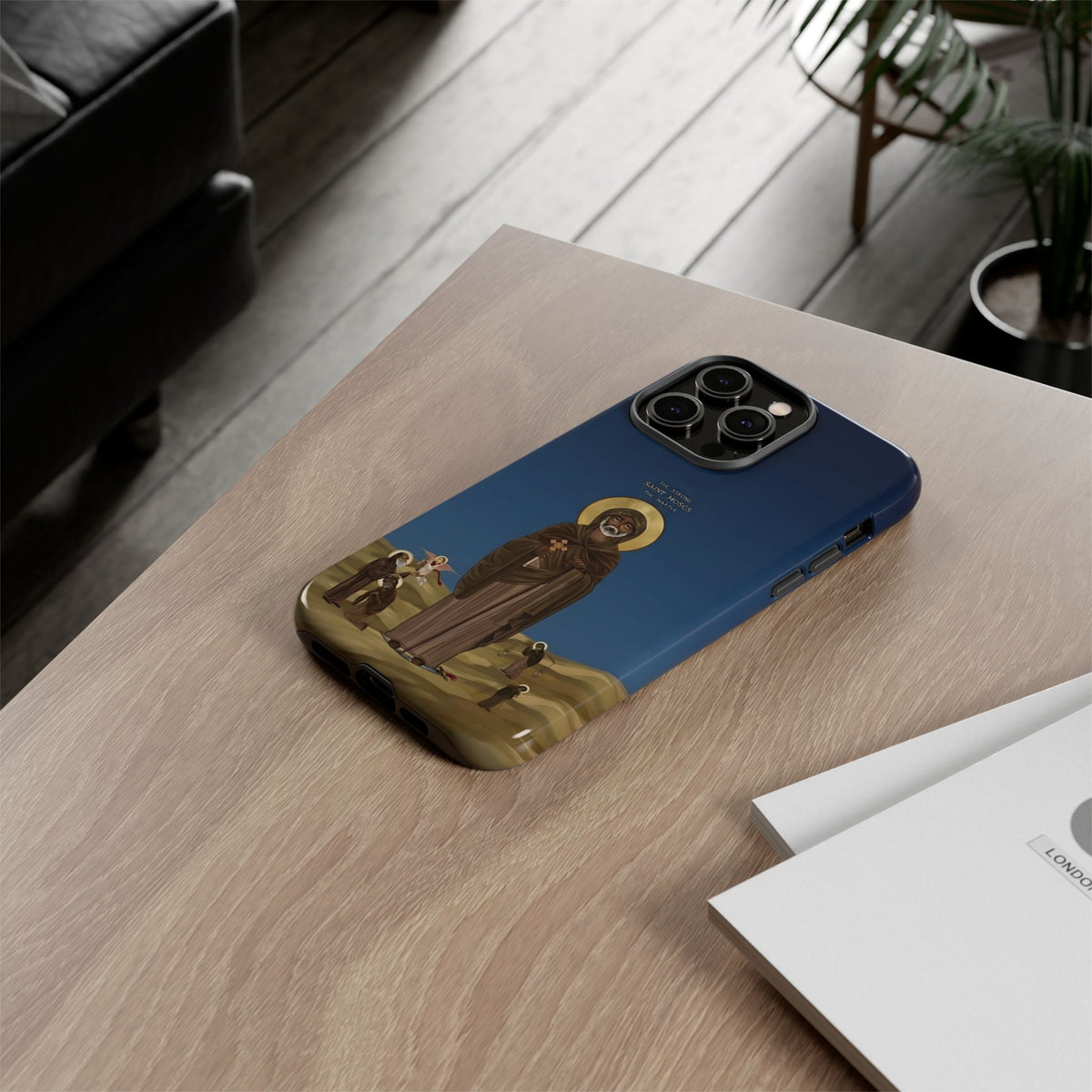 Christelijk telefoonhoesje Sint-Mozes de Sterke blauw mat