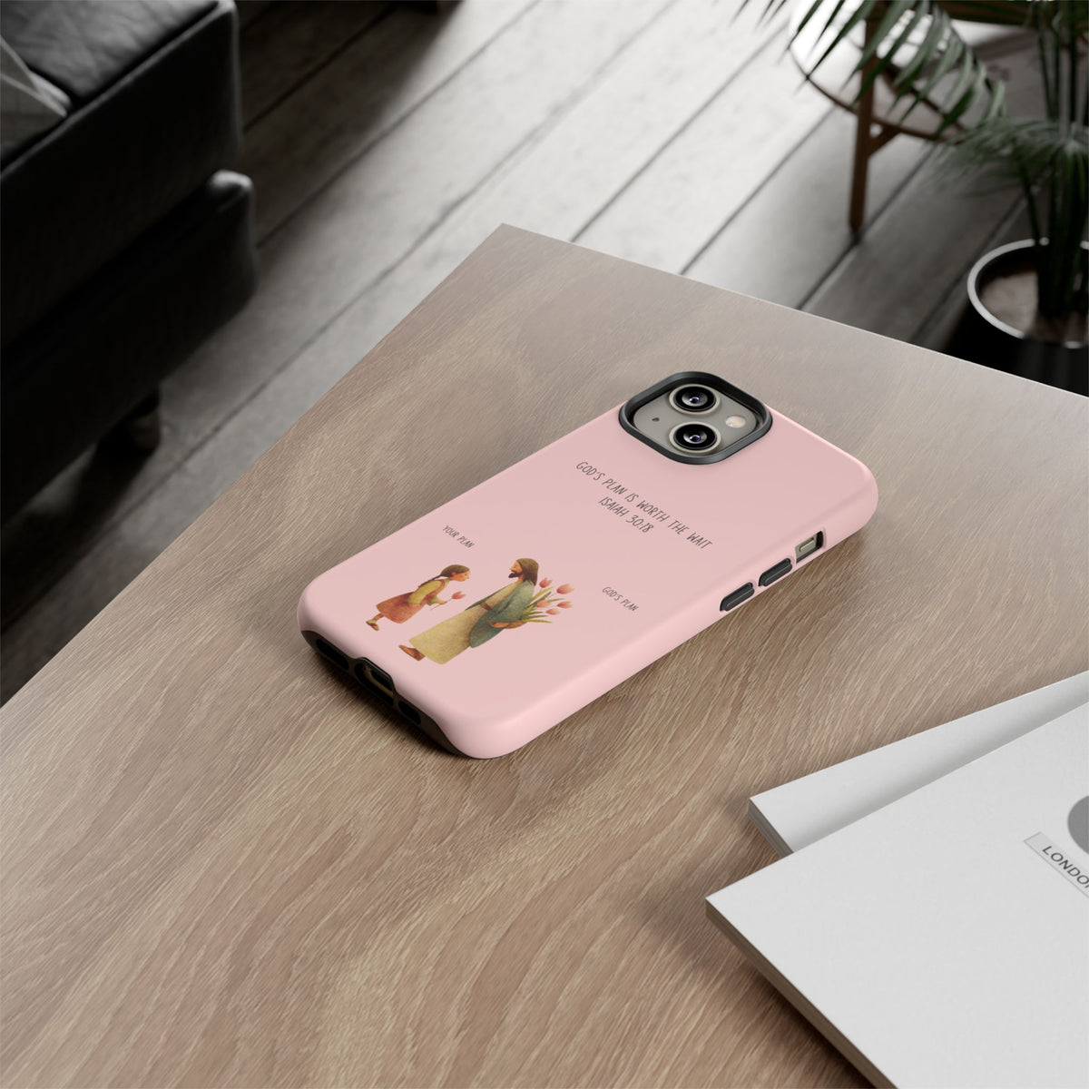 Christelijk telefoonhoesje Gods plan is beter roze mat