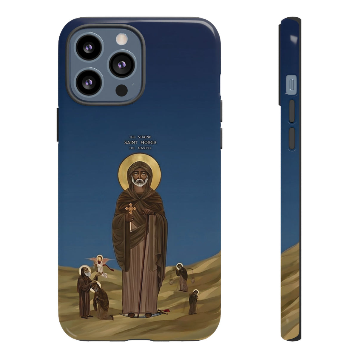 Christelijk telefoonhoesje Sint-Mozes de Sterke blauw mat