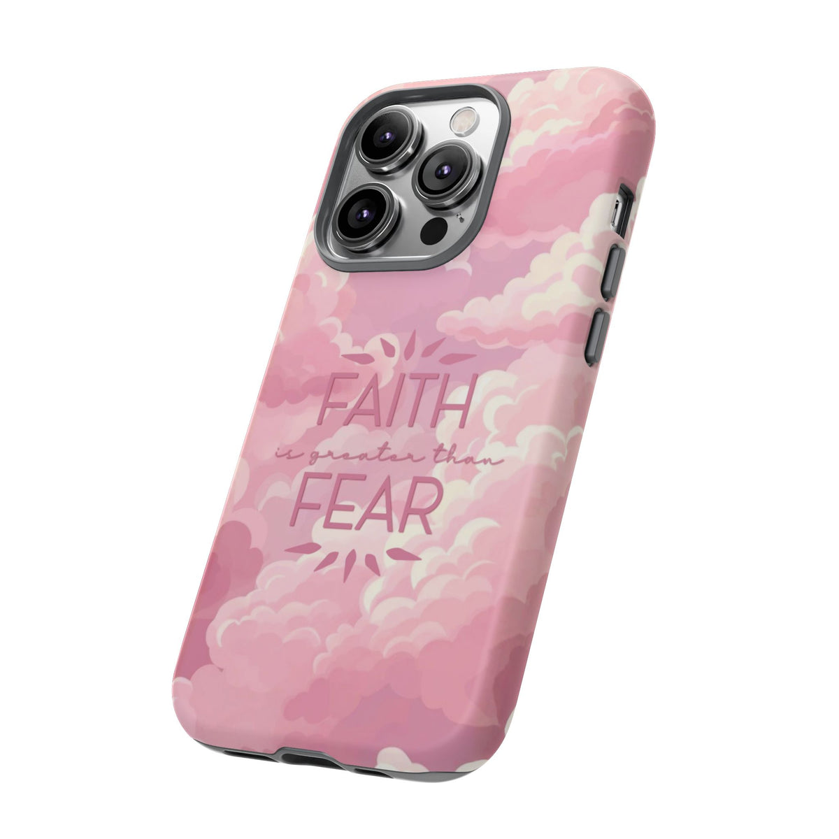 Christelijk telefoonhoesje Geloof is sterker dan angst roze mat