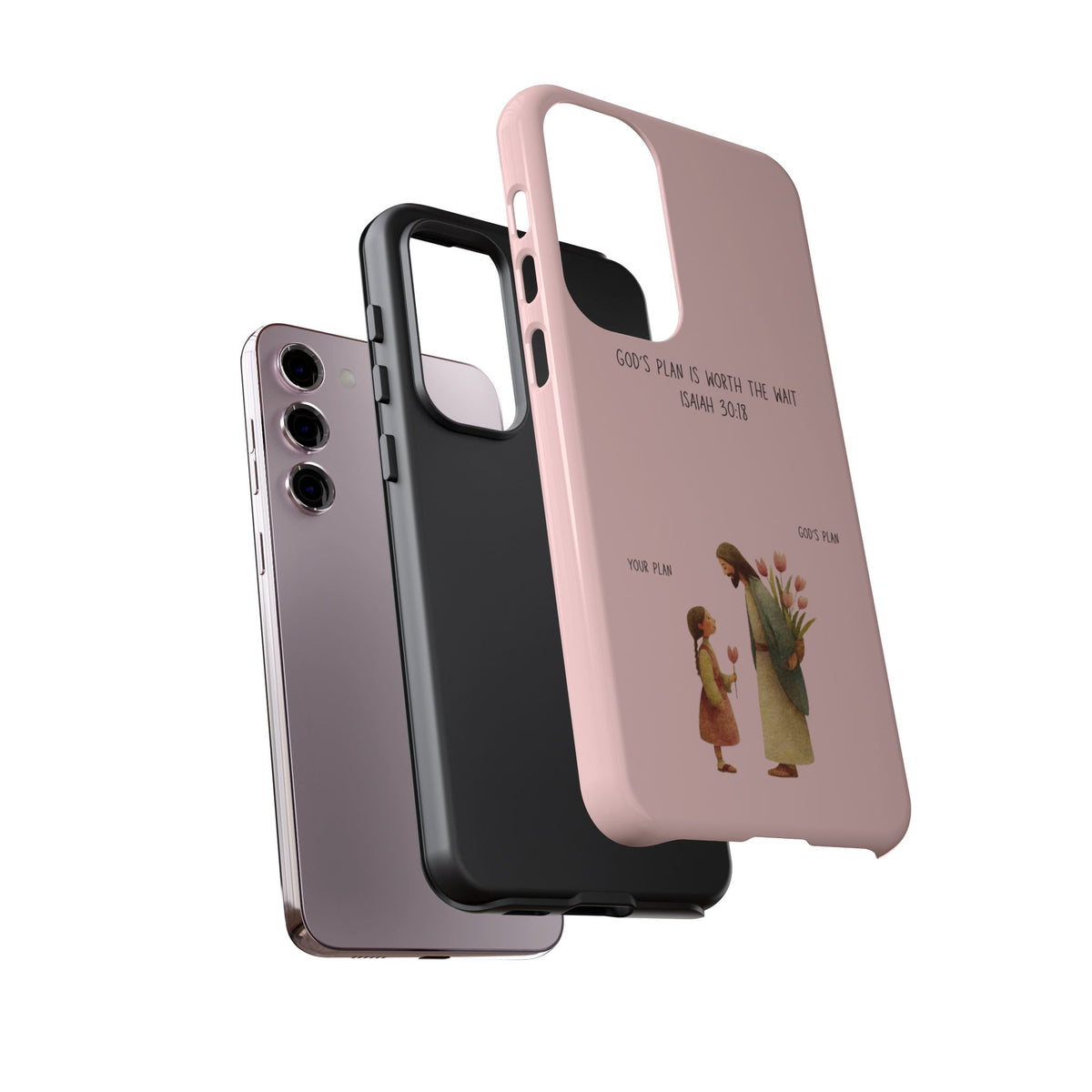 Christelijk telefoonhoesje Gods plan is beter roze mat