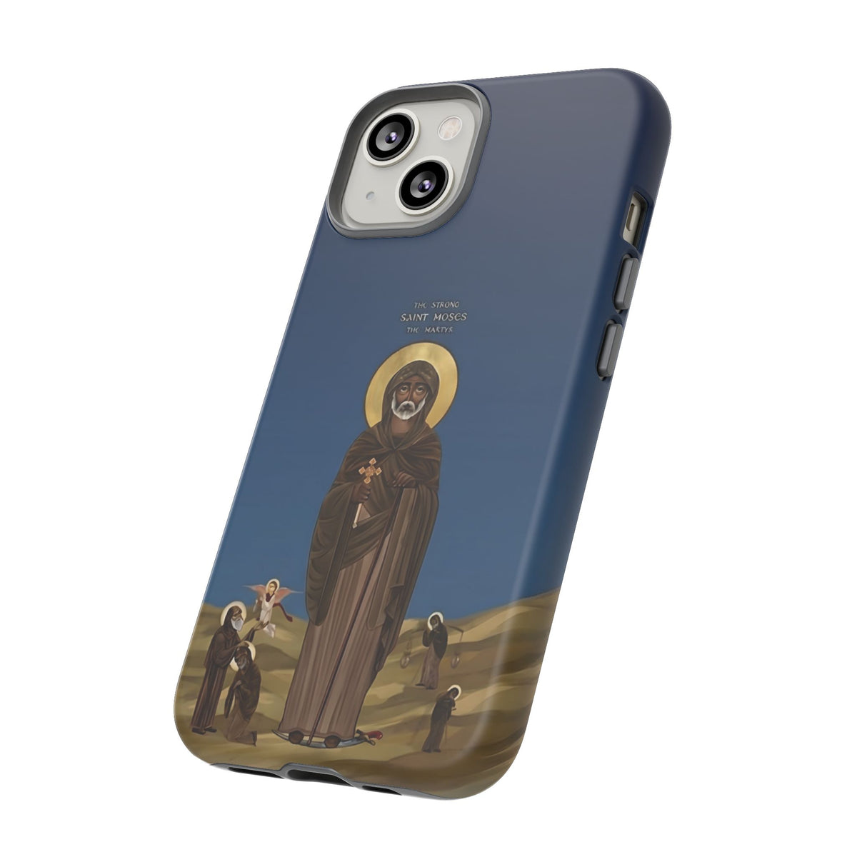 Christelijk telefoonhoesje Sint-Mozes de Sterke blauw mat
