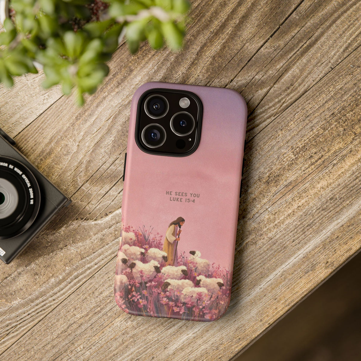 Christelijk telefoonhoesje Hij ziet jou roze mat
