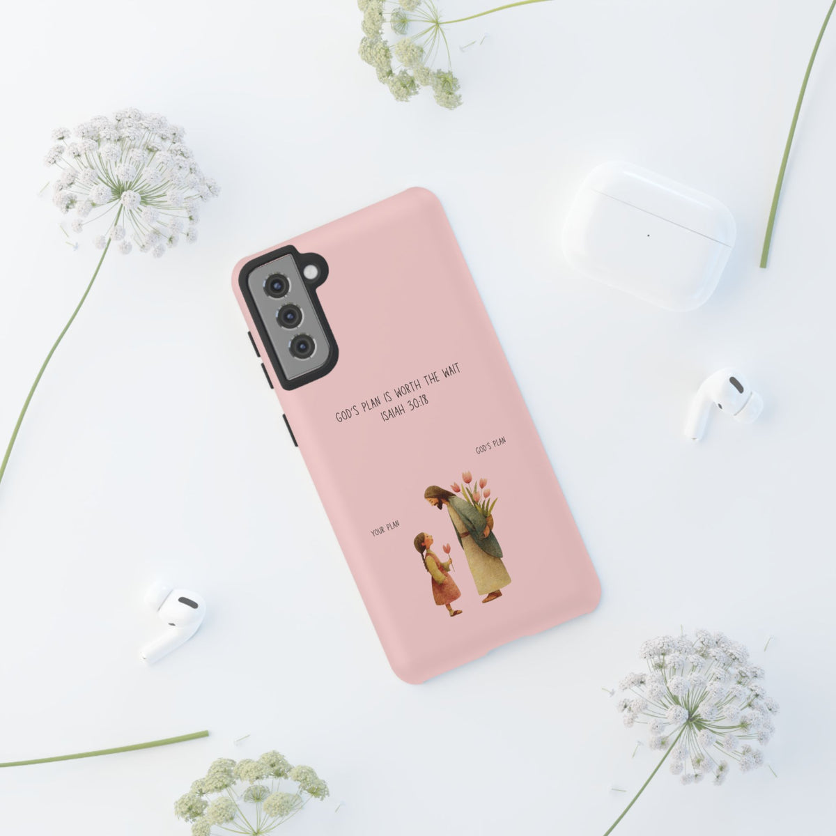 Christelijk telefoonhoesje Gods plan is beter roze mat