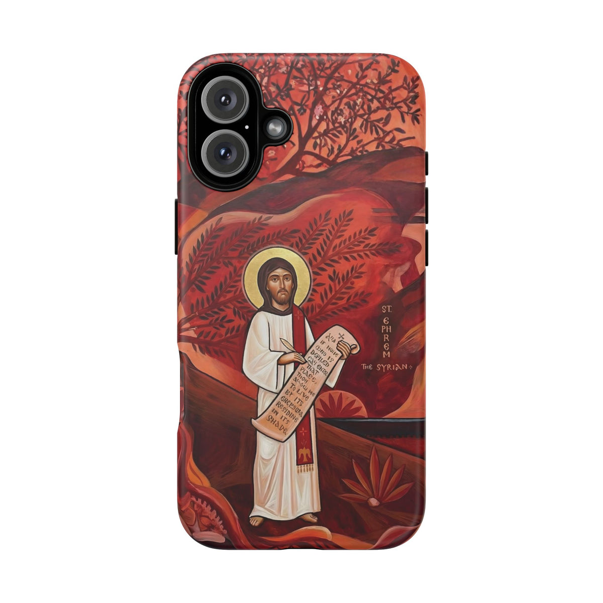 Christelijk telefoonhoesje Sint-Efrem de Syriër rood mat