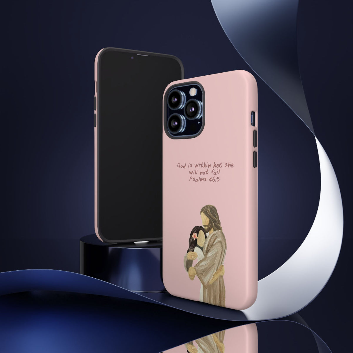 Christelijk telefoonhoesje God is in haar roze mat