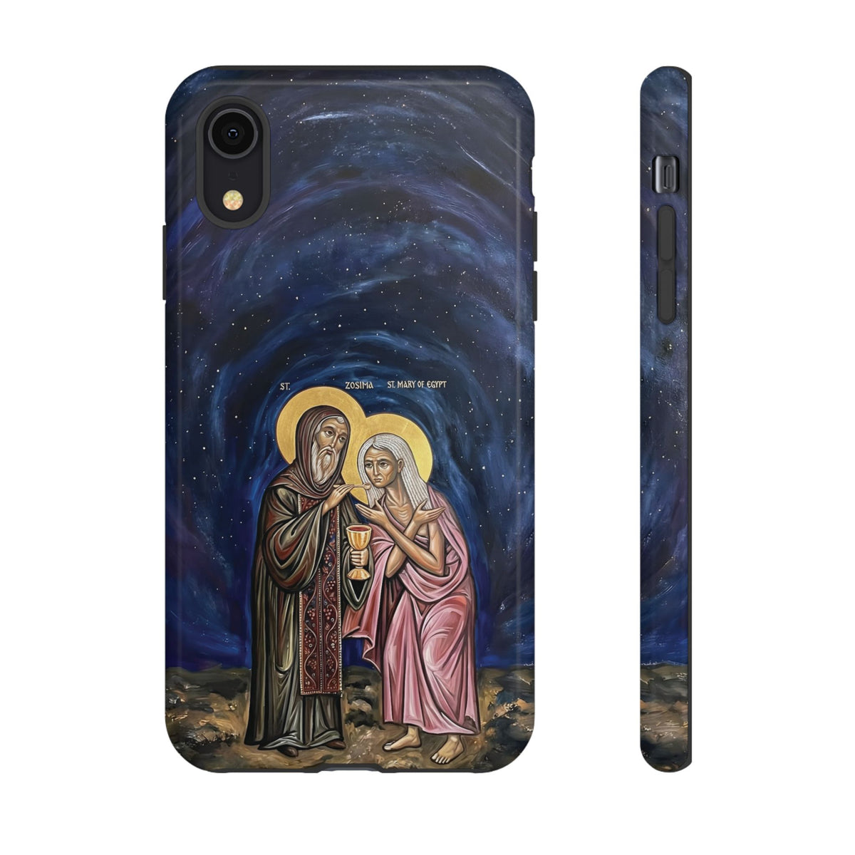 Christelijk telefoonhoesje Maria van Egypte en Sint-Zosimas donkerblauw mat