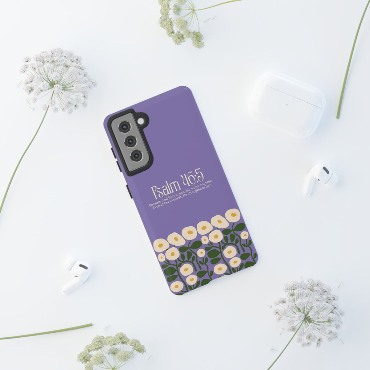 Christelijk telefoonhoesje God woont in haar lila mat