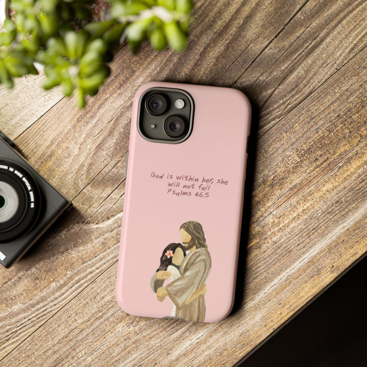 Christelijk telefoonhoesje God is in haar roze mat