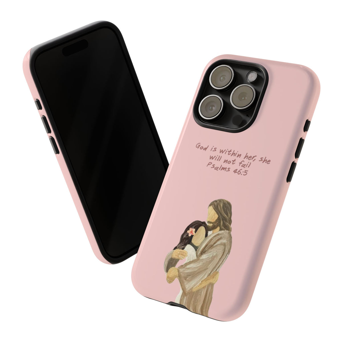 Christelijk telefoonhoesje God is in haar roze mat