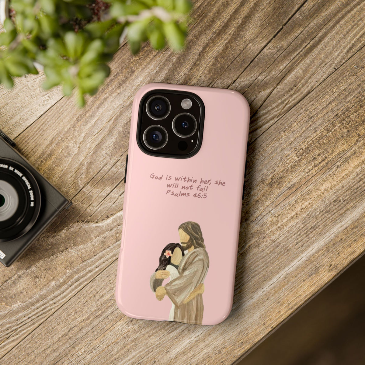 Christelijk telefoonhoesje God is in haar roze mat