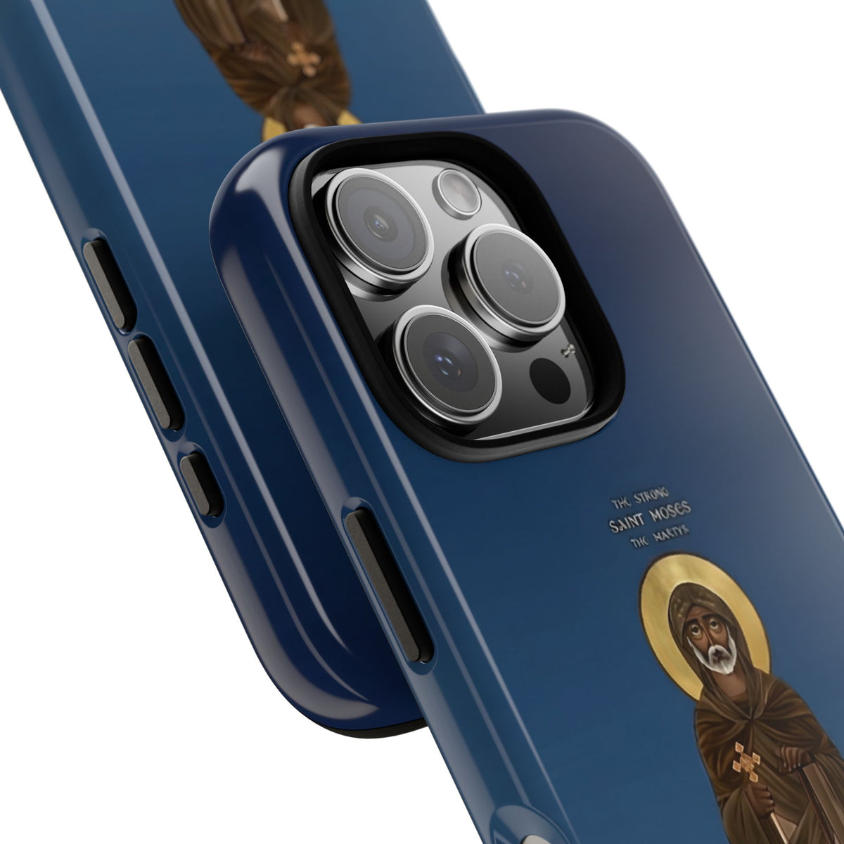 Christelijk telefoonhoesje Sint-Mozes de Sterke blauw mat