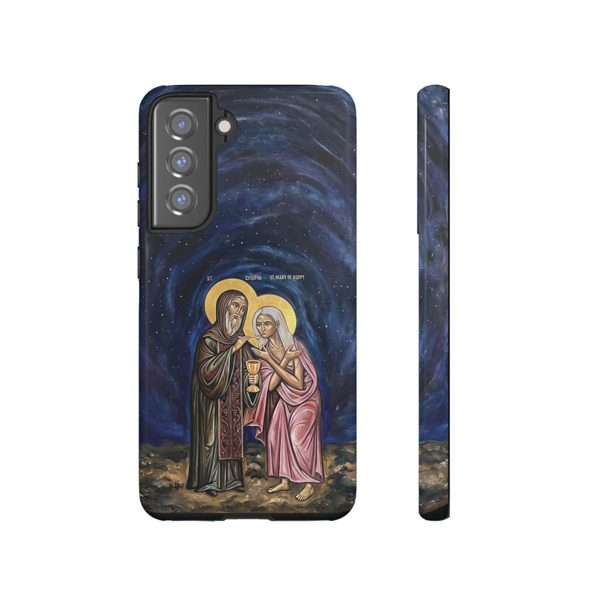 Christelijk telefoonhoesje Maria van Egypte en Sint-Zosimas donkerblauw mat