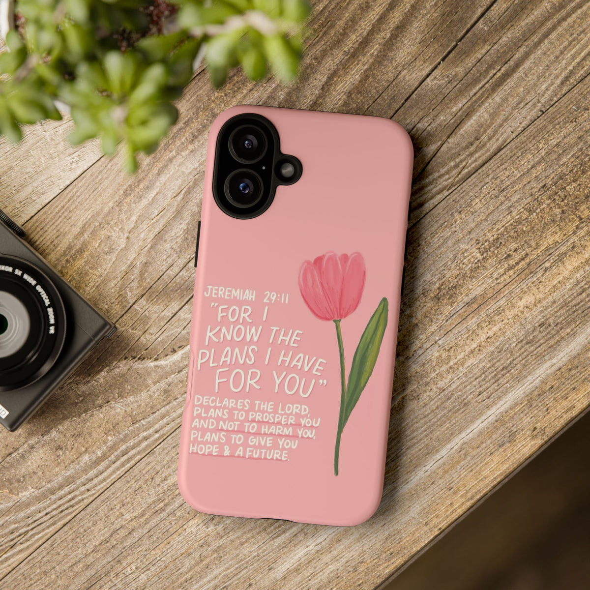 Christelijk telefoonhoesje Ik ken de plannen roze mat