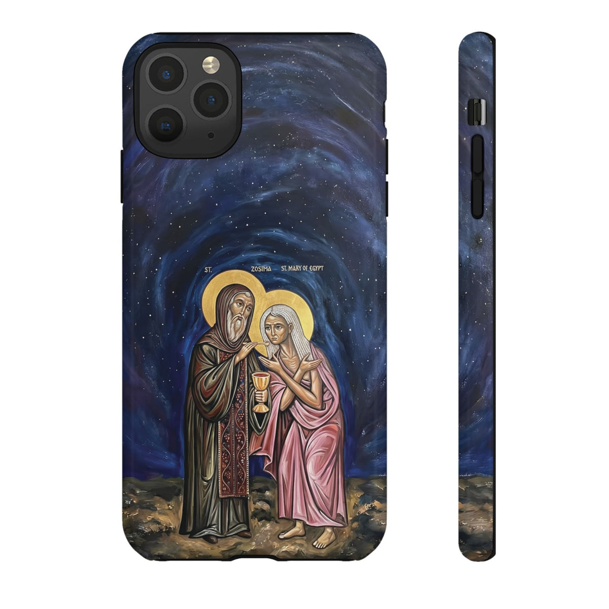 Christelijk telefoonhoesje Maria van Egypte en Sint-Zosimas donkerblauw mat