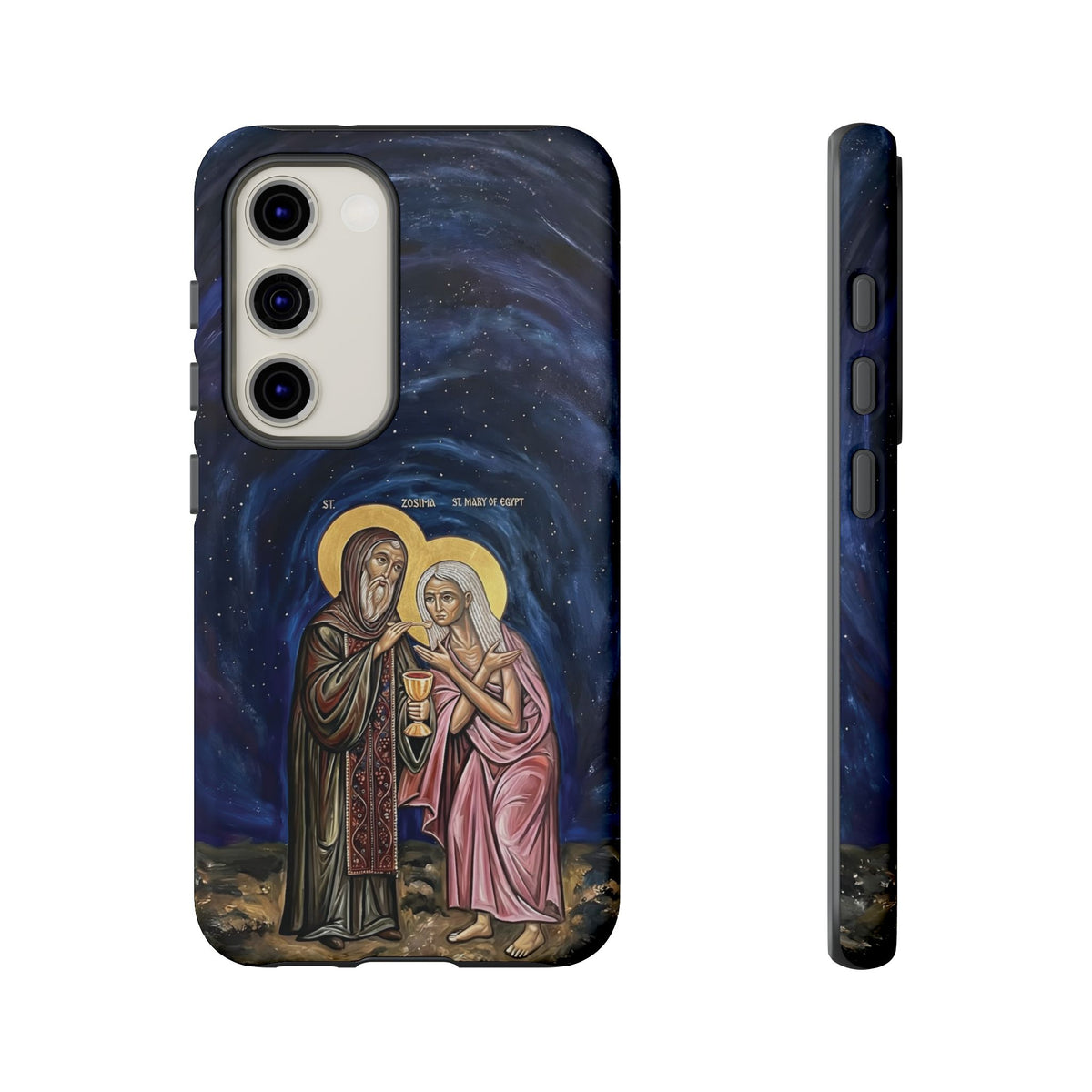Christelijk telefoonhoesje Maria van Egypte en Sint-Zosimas donkerblauw mat