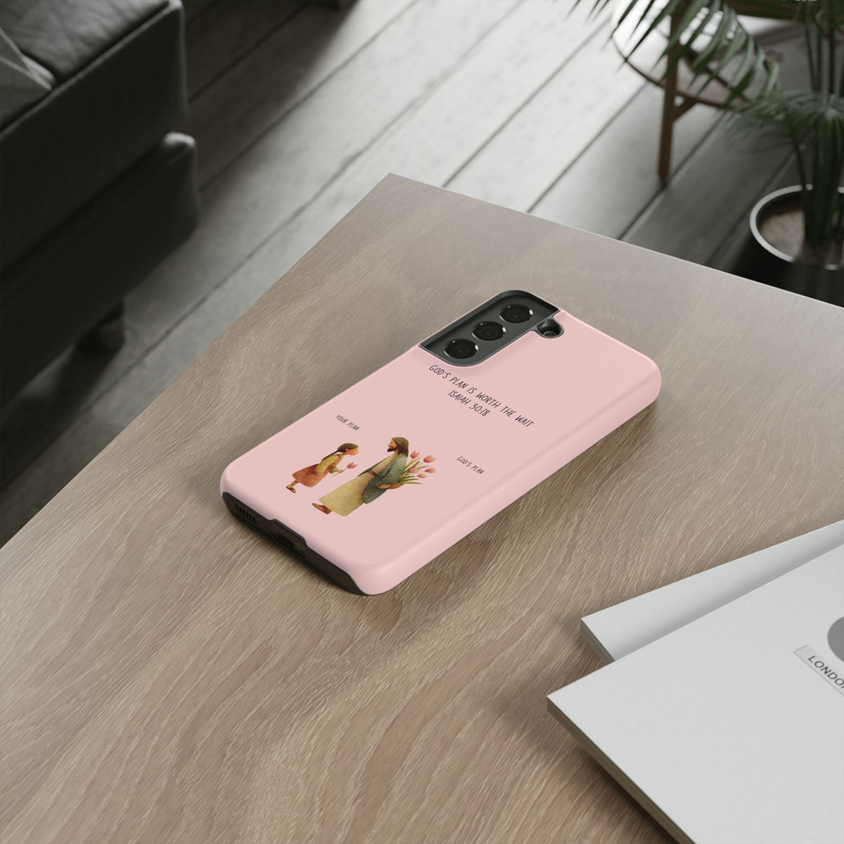 Christelijk telefoonhoesje Gods plan is beter roze mat