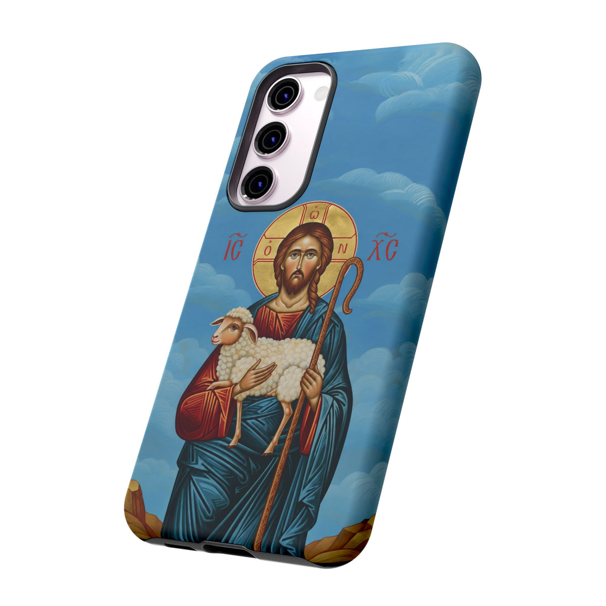 Christelijk telefoonhoesje De Goede Herder blauw mat