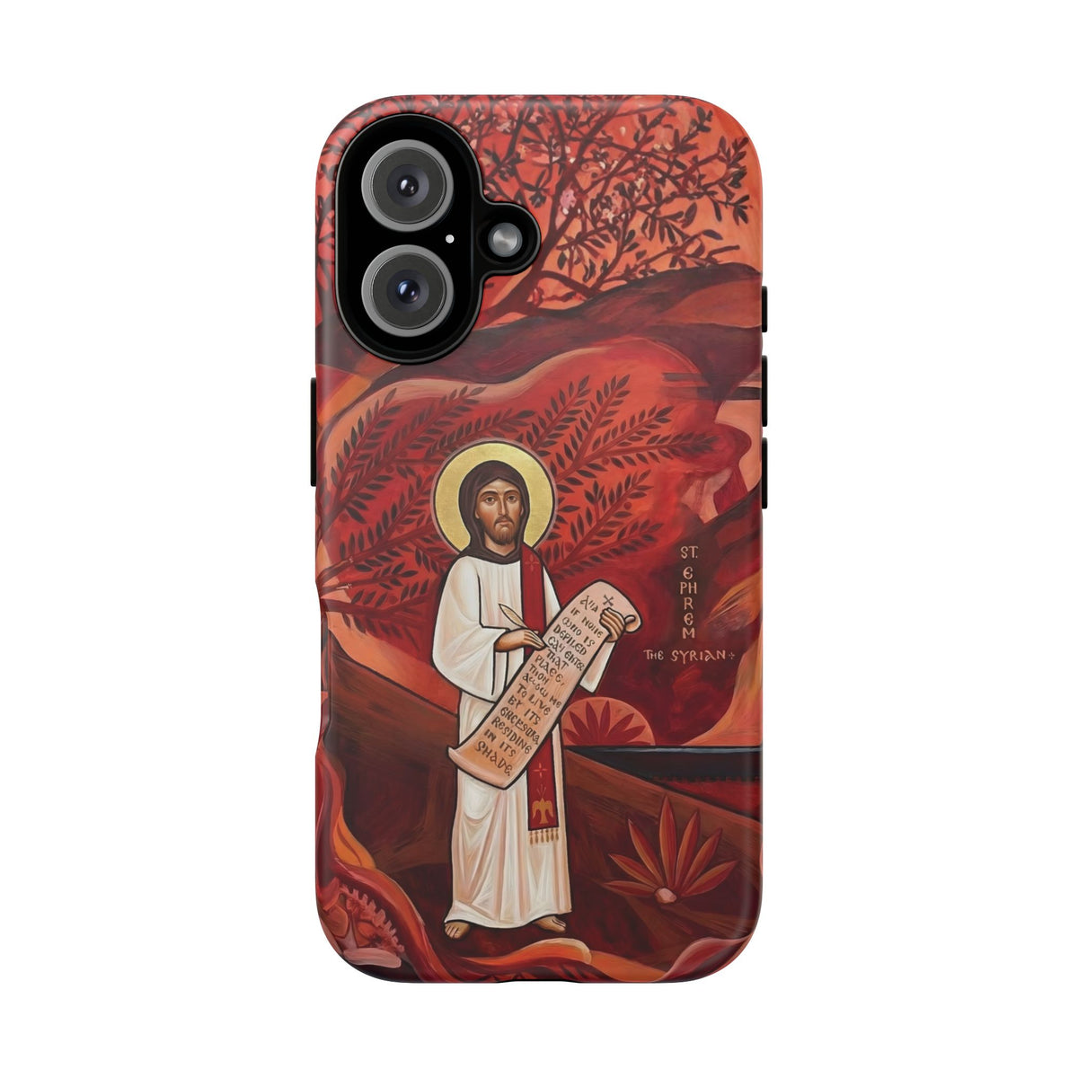 Christelijk telefoonhoesje Sint-Efrem de Syriër rood mat